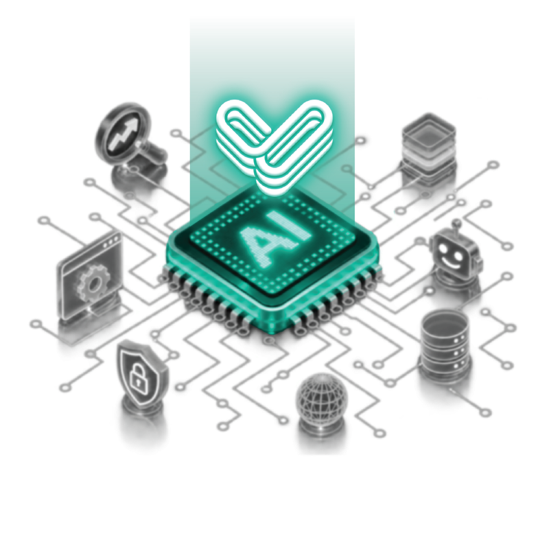 Ilustrasi chip AI sebagai pusat sistem yang menghubungkan berbagai kapasitas teknologi